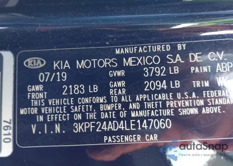 2020 Kia Forte Lxs из США, поврежденный, VIN 3KPF24AD4LE147060